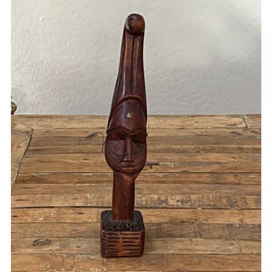 African Tribal Wood Sculpture 13" Hand-carved Elongated Head Unique Wire Accents